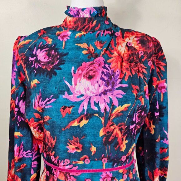 Hope & Ivy Green‎ Floral Midi Dress 8 High Neck Vibrant Bloomcore Button Detail - Picture 3 of 16